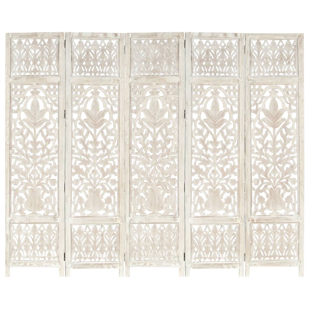 NNEVL Hand carved 5-Panel Room Divider White 200x165 cm Solid Mango Wood-0
