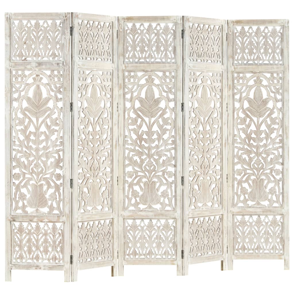 NNEVL Hand carved 5-Panel Room Divider White 200x165 cm Solid Mango Wood-4