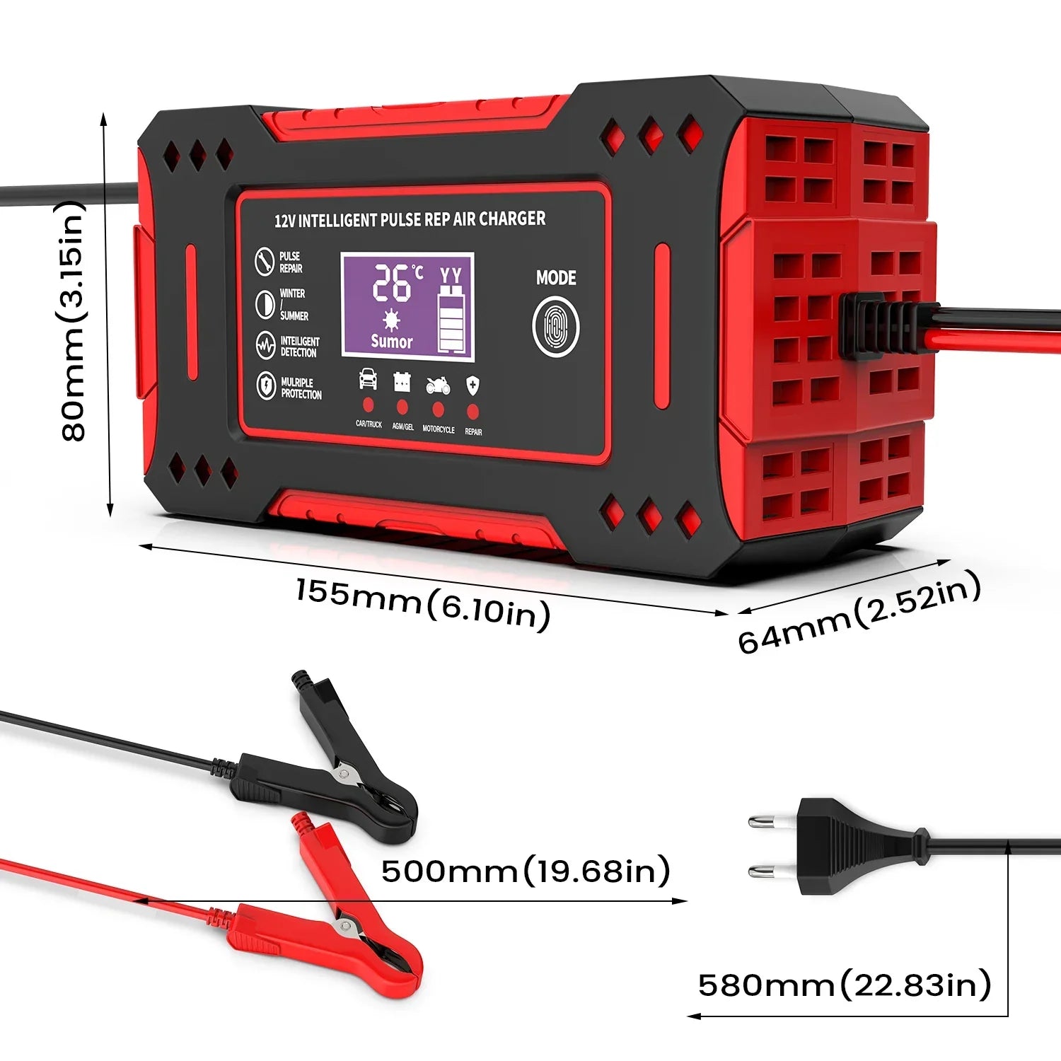 6A 12V Smart Car Battery Charger Lead-Acid Battery Red-1