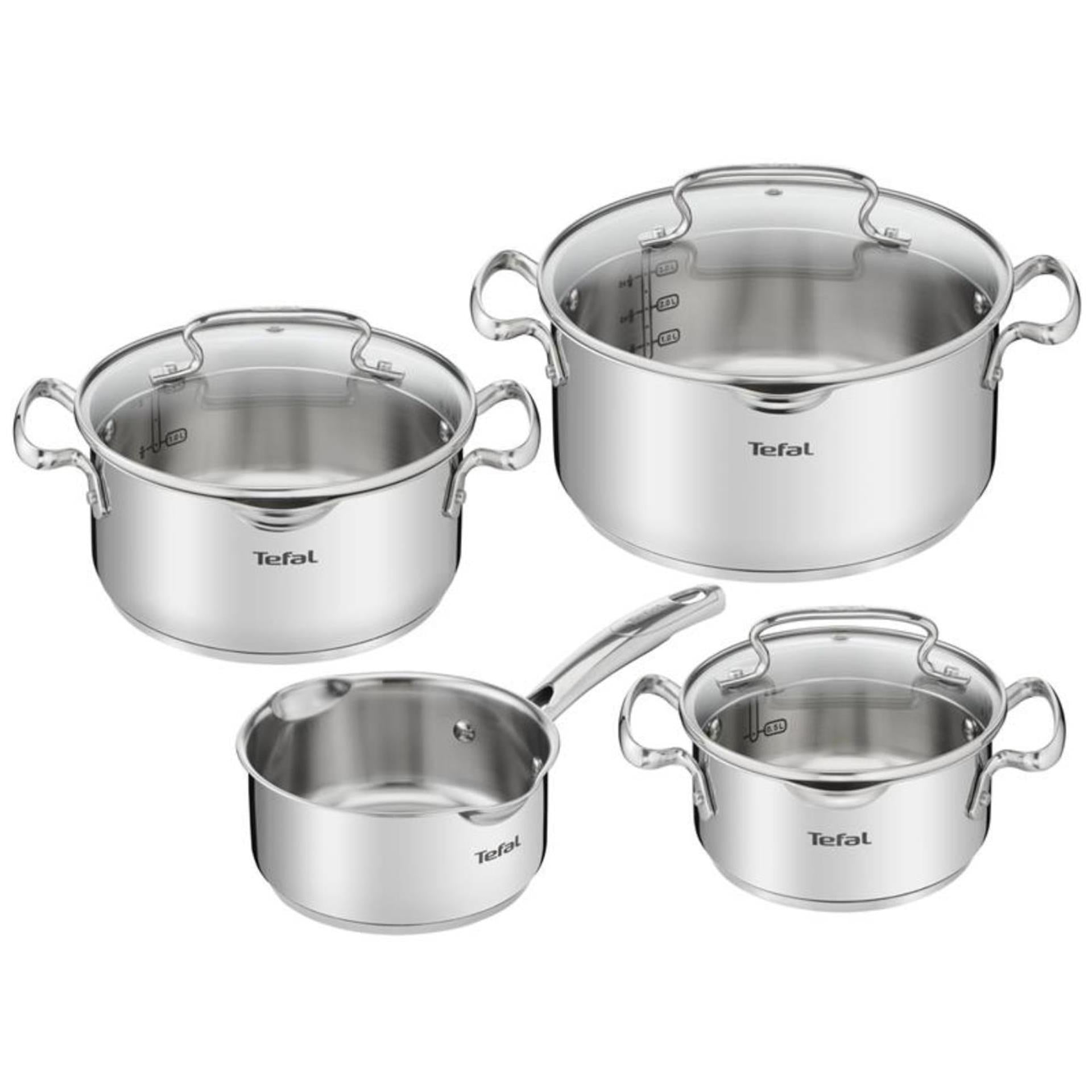 Tefal duetto+ 4-piece stainless steel cooking set, saucepan 16cm and saucepans with 16, 20 and 24cm suitable for all heat sources.